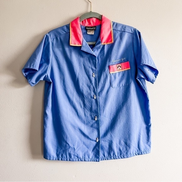 American Girl Vintage Kids Blue & Pink Bowling Shirt Large Bowling Pin Buttons - Picture 6 of 10